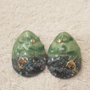 Unique Ocean Theme Stud Earrings.Blue And Green With Gold Dolphins Jumping Waves